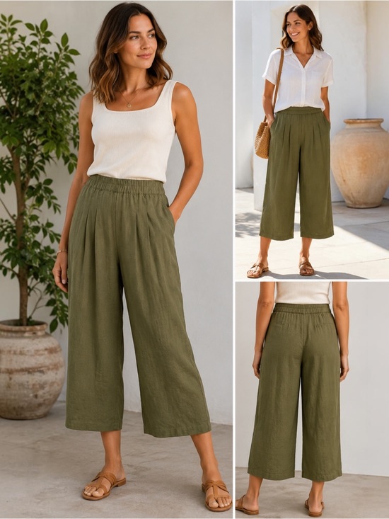 Democracy Pants - Democracy Olive Wide Leg Crop Pants Pull On Pleated Rayon Cotton NWT M